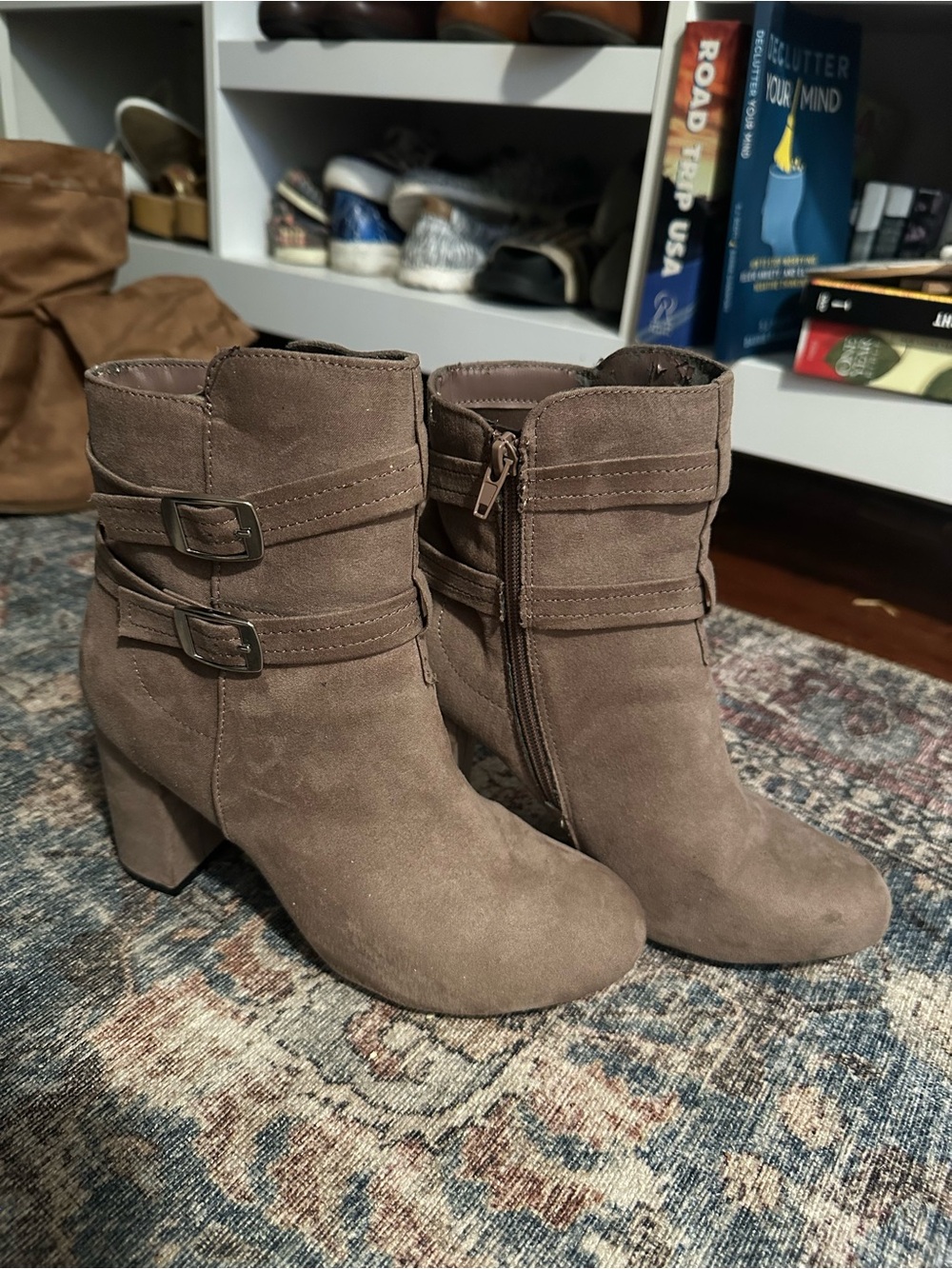 Christian Siriano for Payless Taupe Pink Mauve Suede Buckle Ankle Boots 8